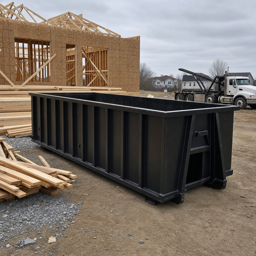 Matte-black 40-yard roll-off dumpster staged on a framed-out residential construction site in Huntington, framing lumber stacked nearby, hooklift delivery truck visible in the background under bright Colorado daylight