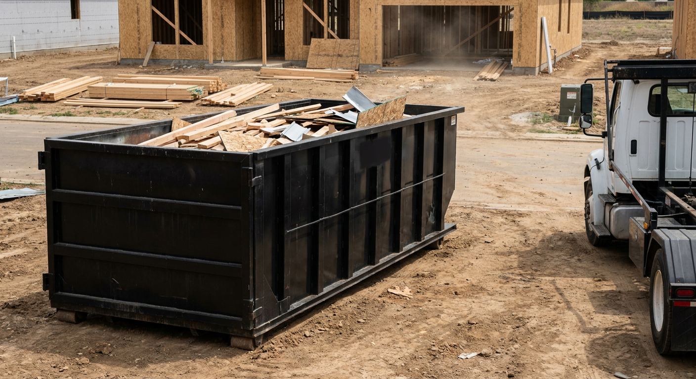 Matte-black 20-yard roll-off construction dumpster with heavy ribbed steel sidewalls and swing rear doors at a working jobsite in Huntington, sitting directly on compacted dirt with an unmarked white hauler partially visible at the far edge of the frame.