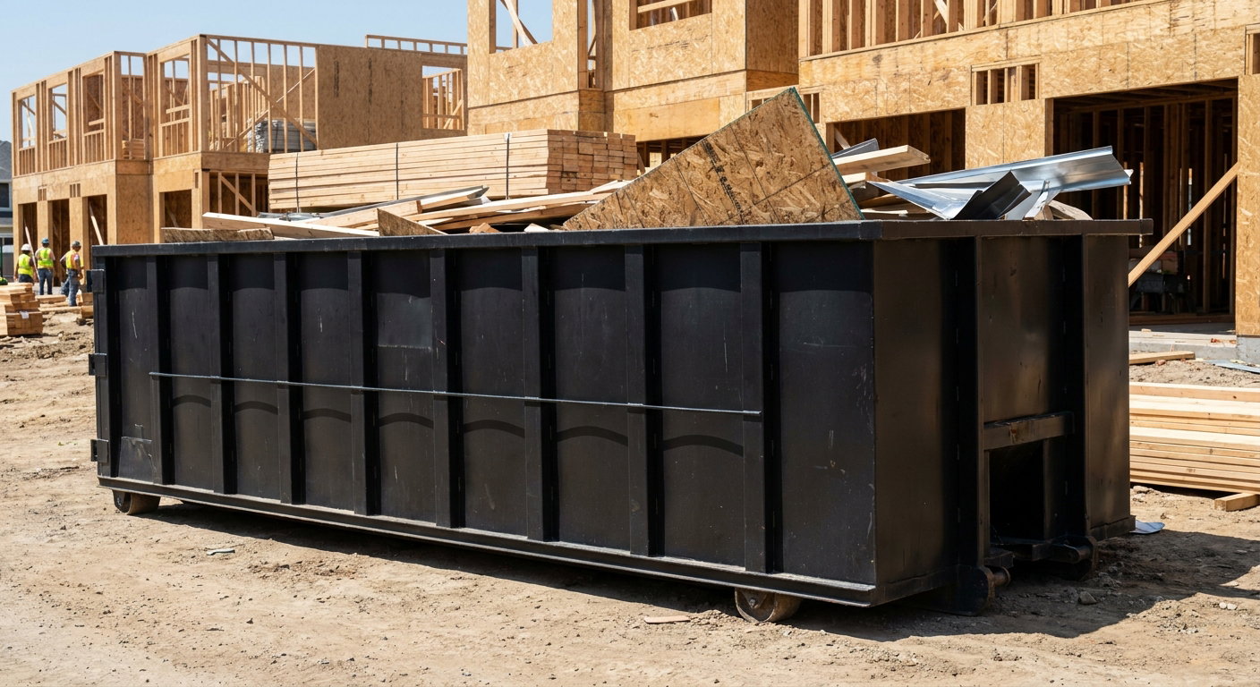 Matte-black 40-yard roll-off construction dumpster being lowered from a white-cab hooklift delivery truck onto the compacted-dirt jobsite at a commercial build site in Huntington