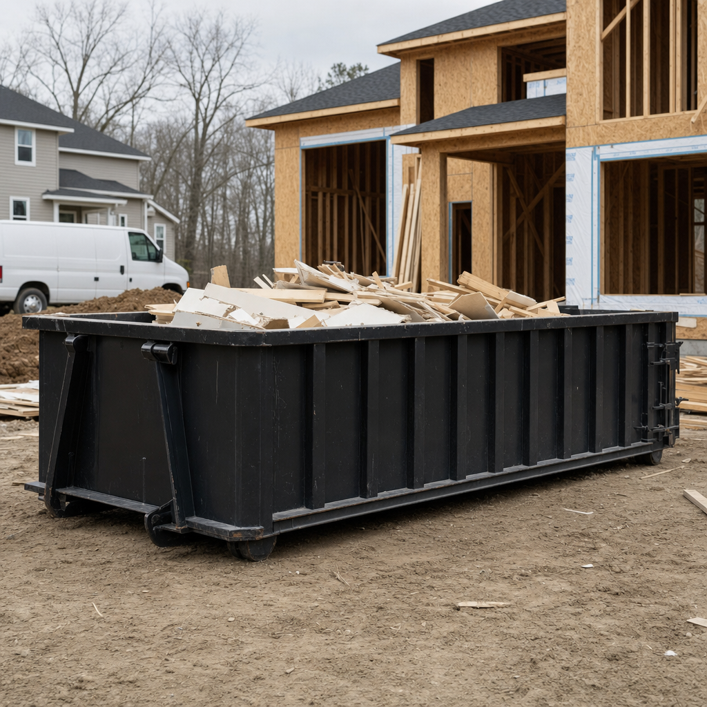 Worker in a yellow high-visibility vest tossing framing lumber and broken drywall into a matte-black 30-yard construction roll-off dumpster on an active build site in Huntington, bright daylight