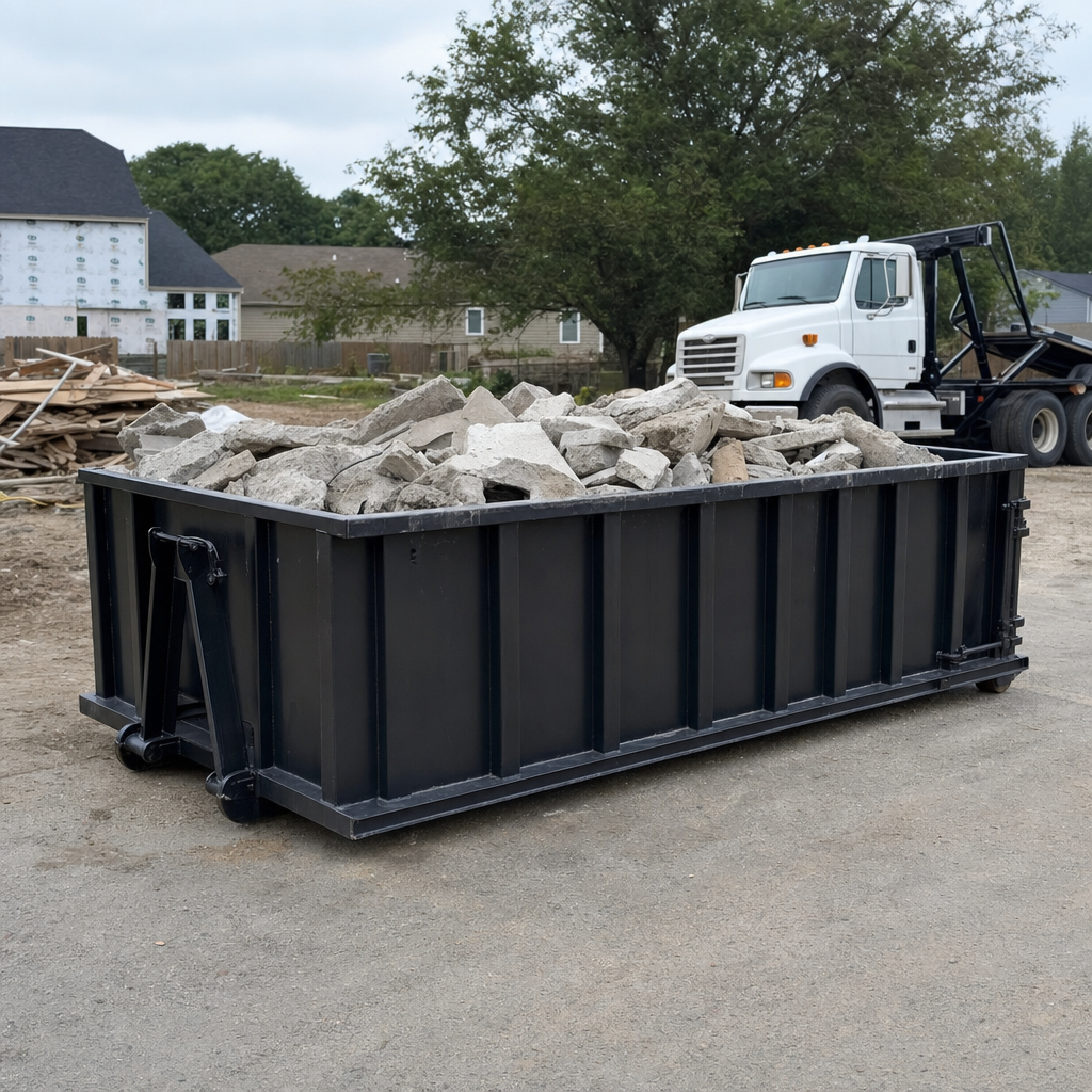 Low-profile matte-black lowboy roll-off dumpster loaded with broken concrete slab and rebar at a foundation tear-out in Huntington, skid steer parked beside it, sunny Colorado morning