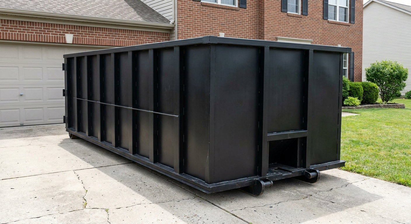Matte-black 20-yard roll-off container on a Huntington residential concrete driveway with reinforced ribbed steel sidewalls and a hinged rear walk-in door, clean bright daylight.