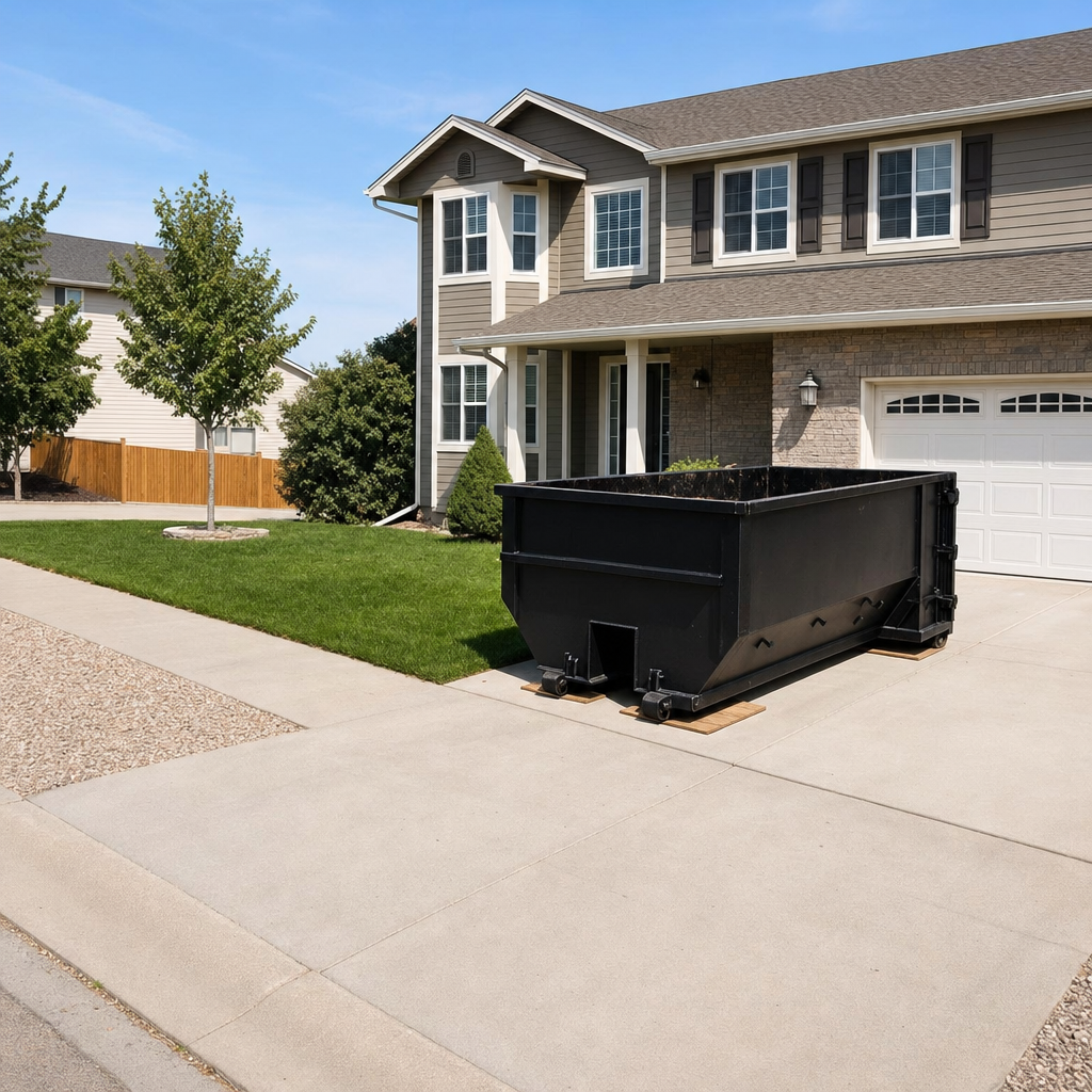 10-yard matte-black residential dumpster placed directly on a narrow Huntington concrete driveway, room remains for a parked sedan beside it, mid-morning natural light