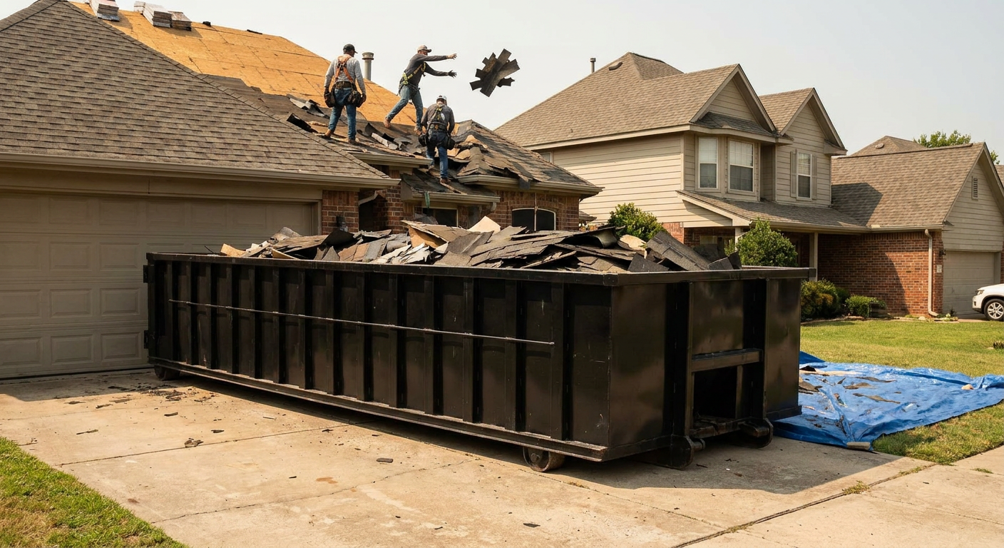 Matte-black roofing roll-off dumpster placed directly on a Huntington residential concrete driveway, a tear-off crew on a two-story asphalt-shingle roof tossing shingle bundles into the low-walled container, bright daylight, documentary 35mm perspective.