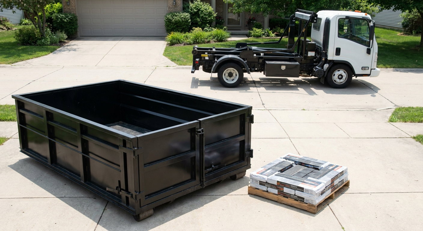 Matte-black 15-yard roofing roll-off dumpster with reinforced low side walls sitting directly on a Huntington residential concrete driveway, three-tab asphalt shingle bundles stacked nearby, an unmarked white hauler truck partially visible at the edge of the frame.