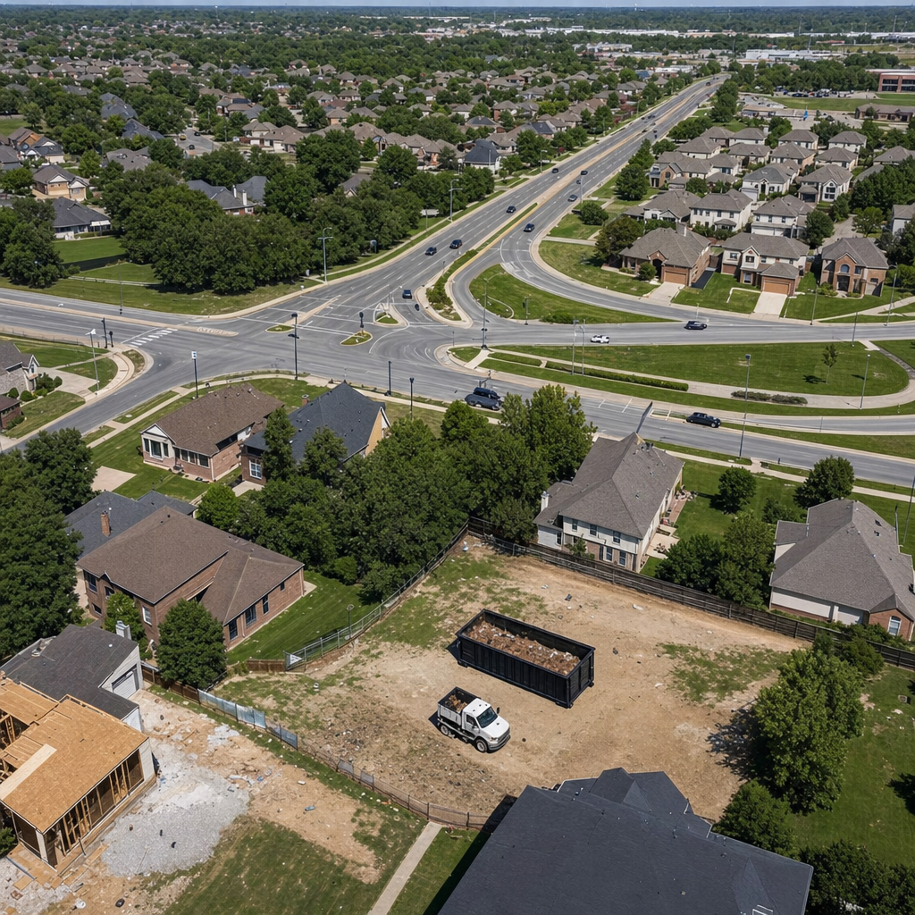 An overhead documentary view of the Huntington metro area at midday, showing the spread of neighborhoods, arterial roads, and the dispatch radius from a central yard — clean daylight, organized geographic layout.