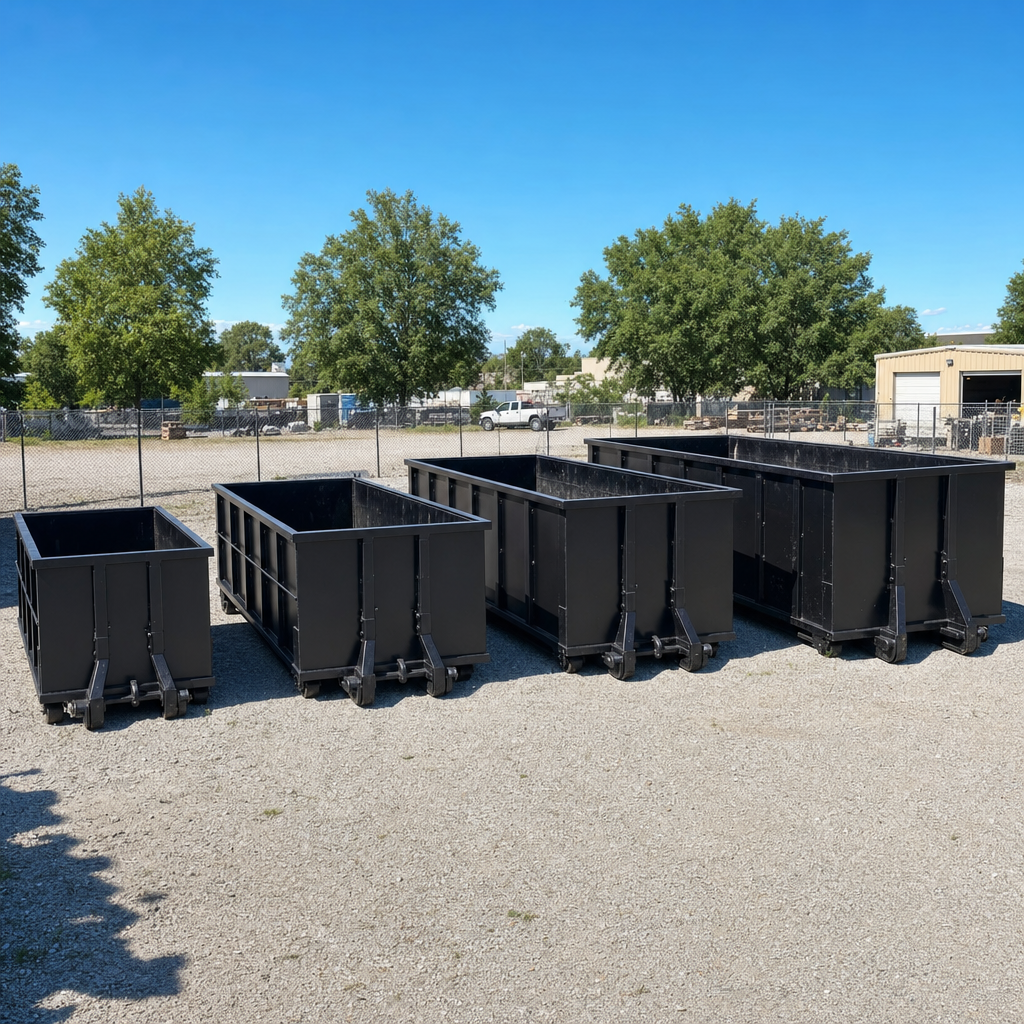 A clean lineup of matte-black roll-off dumpsters in 10, 20, 30, and 40-yard sizes staged on a sunlit gravel yard in Huntington, showing the size progression from compact to commercial-scale containers.