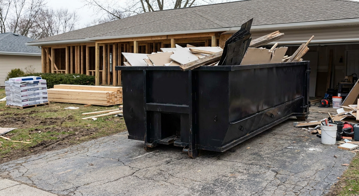 A matte-black 20-yard roll-off dumpster placed alongside a mid-renovation Huntington home directly on the asphalt driveway, with framing materials and torn-off shingles staged neatly nearby.