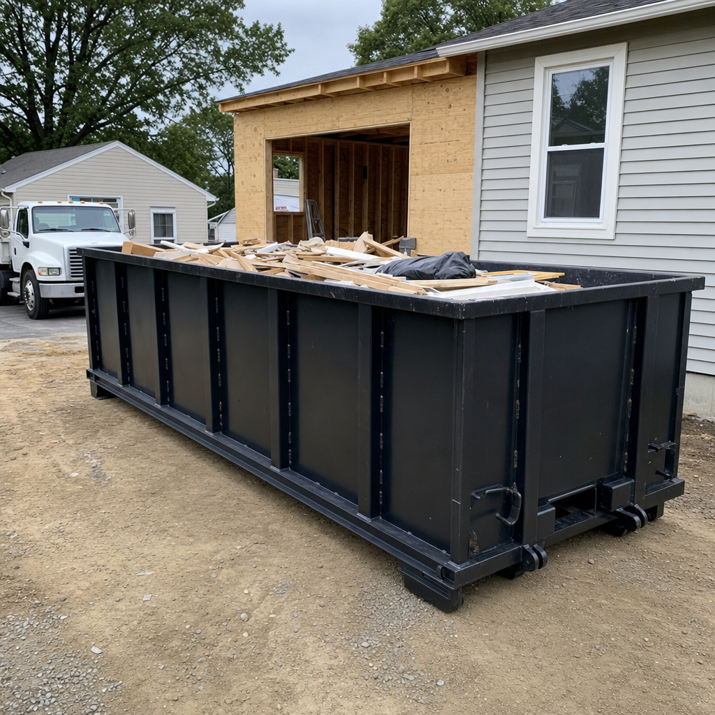 A matte-black 30-yard roll-off dumpster positioned at a Huntington residential addition jobsite, with framing lumber and drywall scraps loaded through the open swinging rear doors.