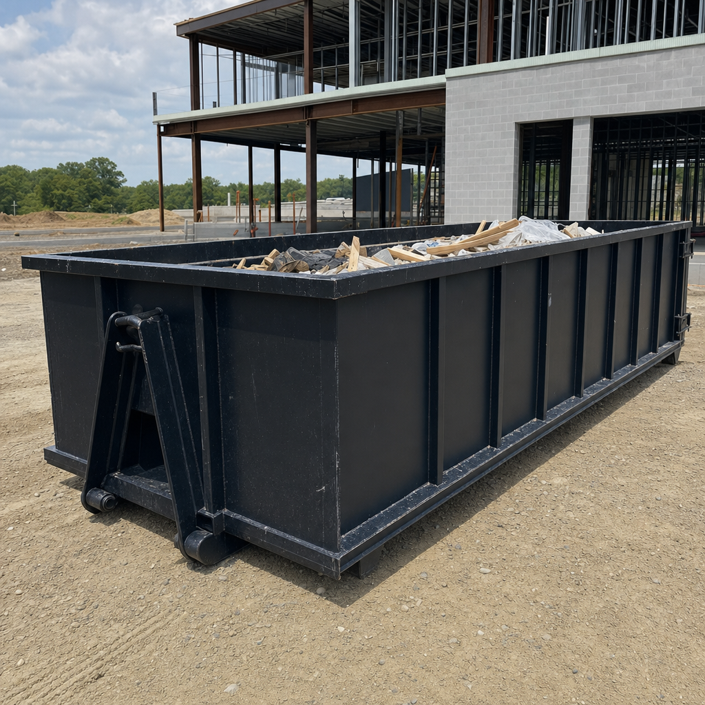 A matte-black 40-yard roll-off dumpster staged on a large Huntington commercial construction lot, with a hooklift delivery truck parked alongside under bright midday sky.